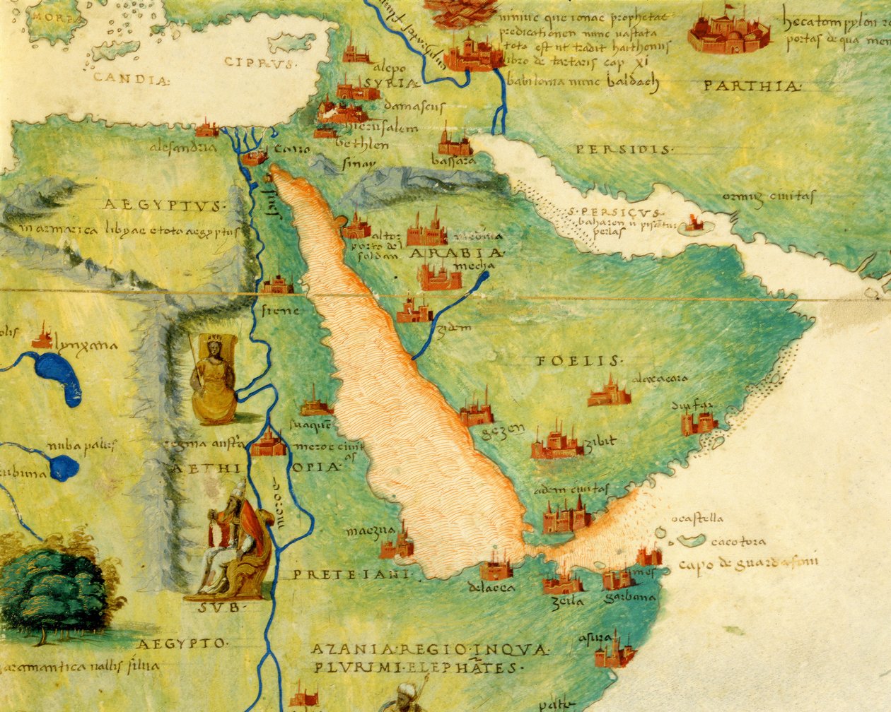 Etiopia, Morze Czerwone i Arabia Saudyjska, z Atlasu Świata w 33 Mapach, Wenecja, 1 września 1553 (tusz na welinie) (szczegół z 330946) autorstwa Battista Agnese