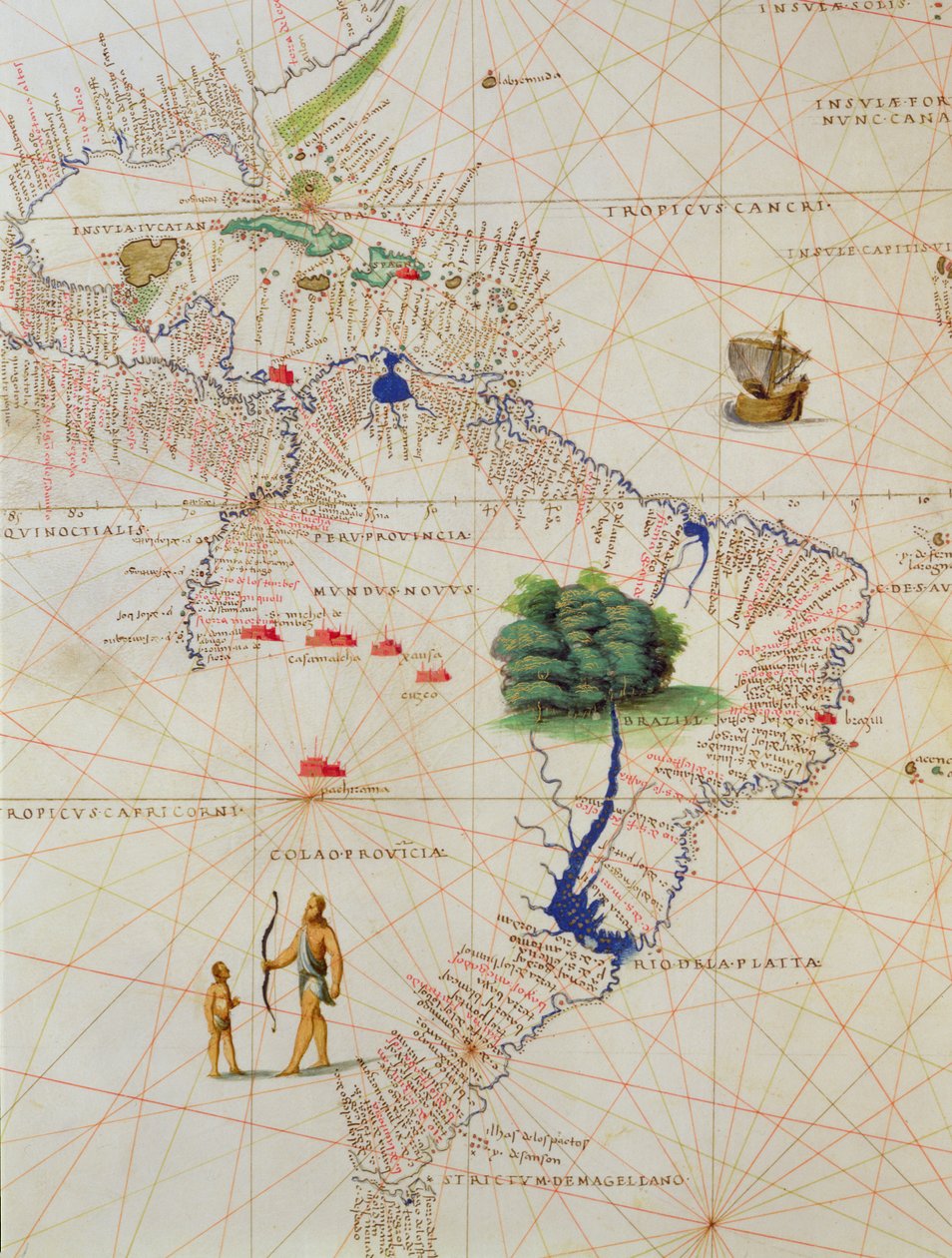 Ameryka Południowa, z Atlasu Świata w 33 Mapach, Wenecja, 1 września 1553 (tusz na welinie) (szczegół z 330959) autorstwa Battista Agnese