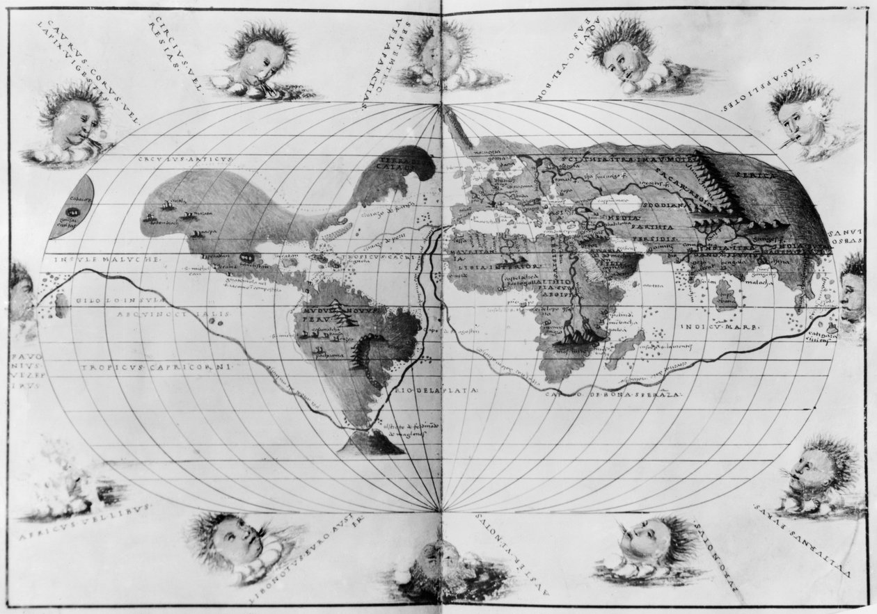 Mapa świata śledząca światową podróż Magellana, z „Portolan Atlas of the World”, c.1540 (patrz także 63417, 151822) autorstwa Battista Agnese