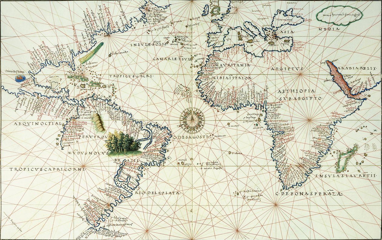 Dwustronicowa mapa Oceanu Atlantyckiego, przedstawiająca wschodnie wybrzeże Ameryki Północnej i Południowej, 1544 autorstwa Battista Agnese
