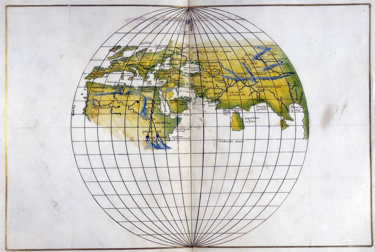 Egerze. 2854. f.14v-15 Półkula mapa starego świata, od Europy i Afryki po Indie; ukazujący podziały Ptolemeusza, ok. 1540 (welum) autorstwa Battista Agnese