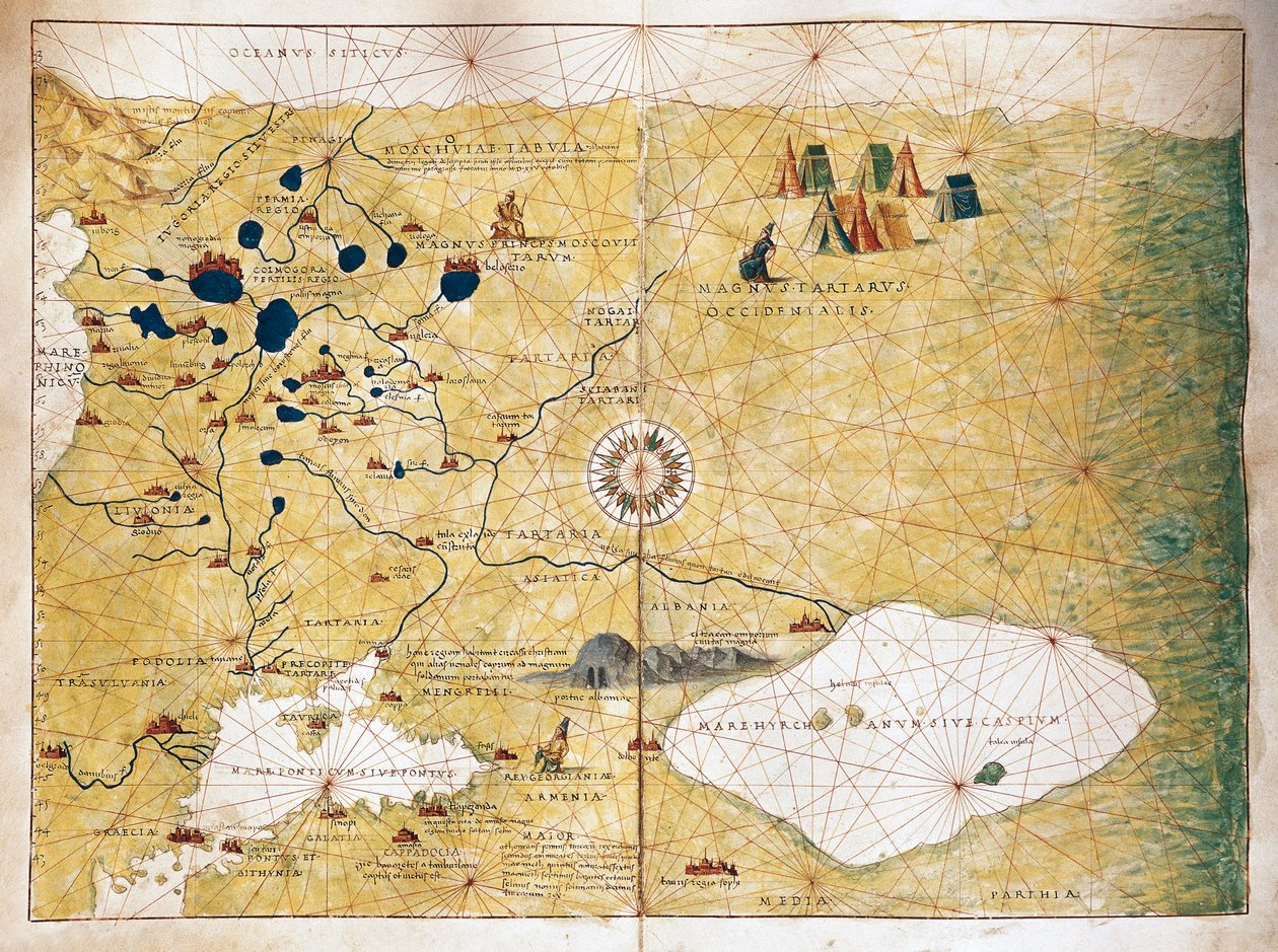 Moschoviae Tabula, mapa Rosji i europejskich miast wzdłuż Wołgi autorstwa Battista Agnese