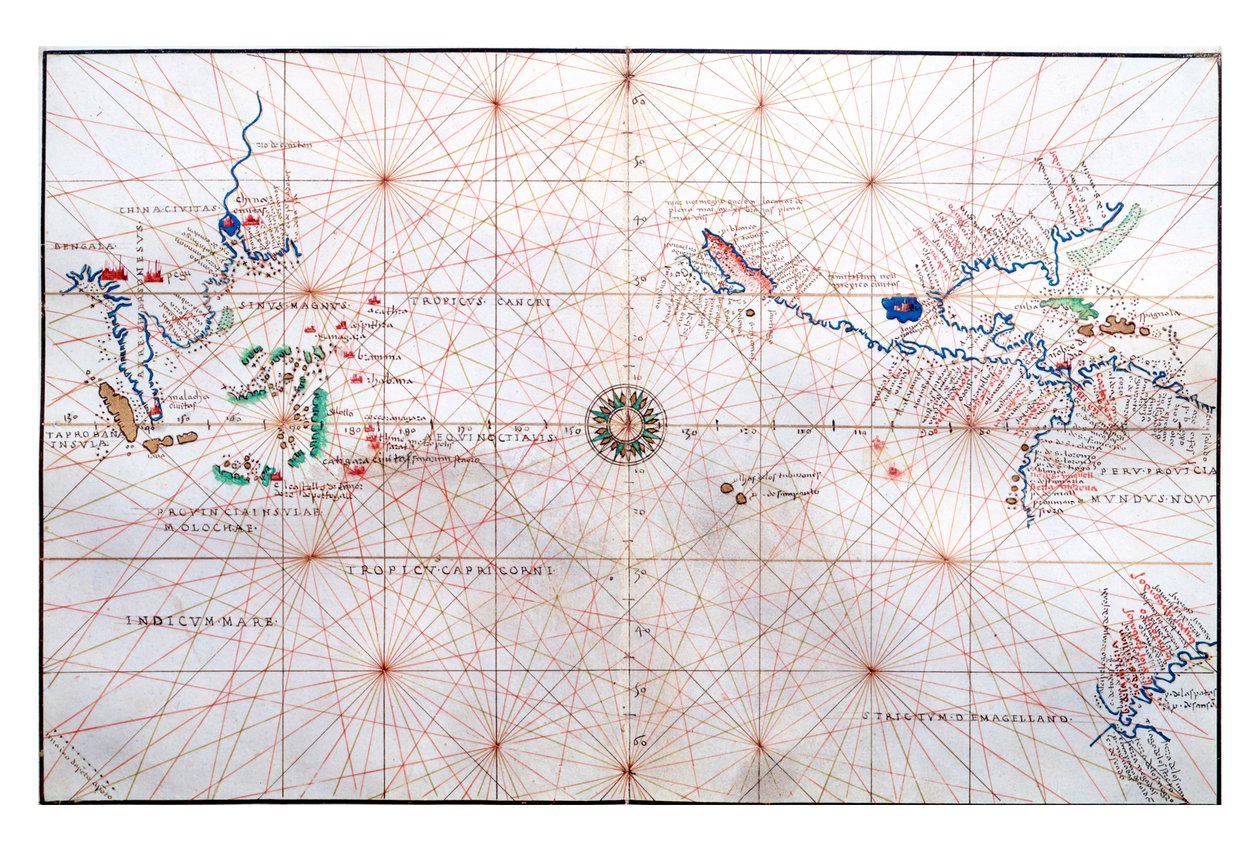 Mapa nawigacyjna przedstawiająca Chiny, Cejlon i Filipiny oraz Zwrotniki Raka i Koziorożca, ok. 1540 autorstwa Battista Agnese