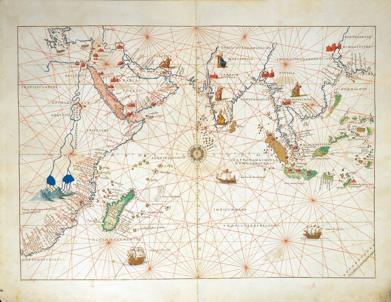 Ocean Indyjski oraz część Azji i Afryki, z Atlasu Świata w trzydziestu trzech mapach autorstwa Battisty Agnese autorstwa Battista Agnese
