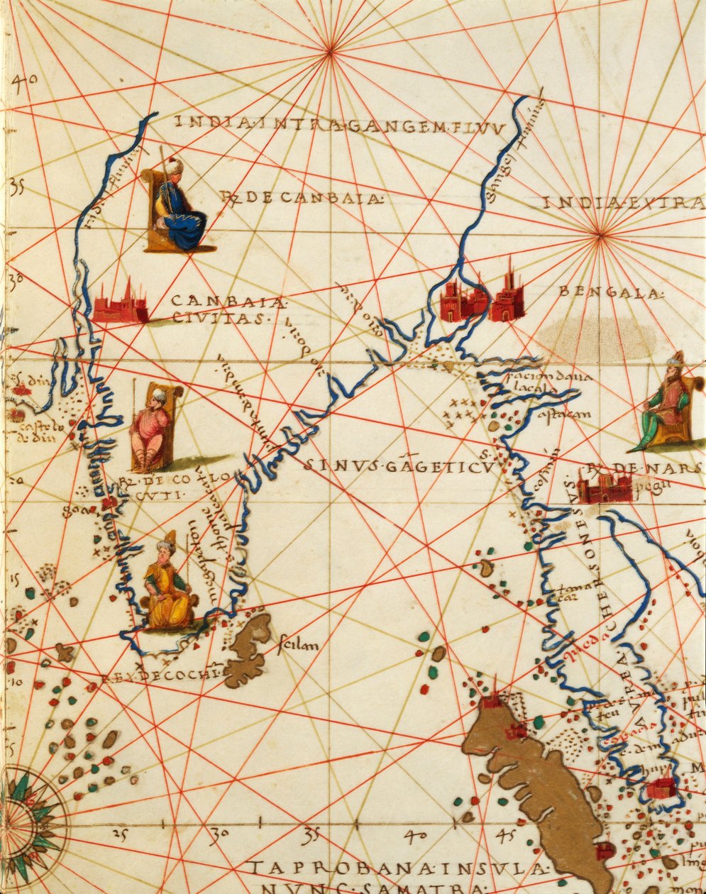 Ocean Indyjski oraz część Azji i Afryki: Półwysep Indyjski, z Atlasu Świata w trzydziestu trzech mapach autorstwa Battisty Agnese autorstwa Battista Agnese