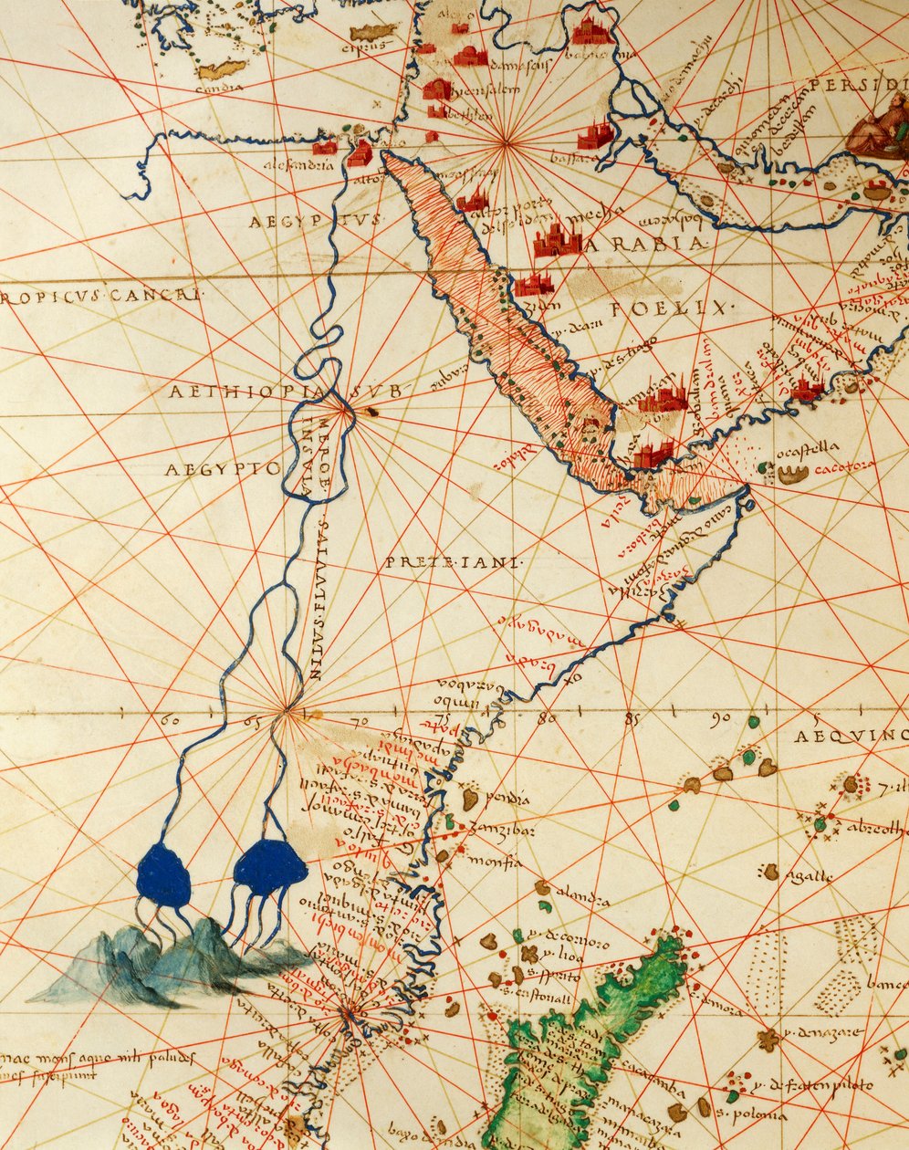 Ocean Indyjski oraz część Azji i Afryki: bieg Nilu, z Atlasu Świata w trzydziestu trzech Mapach, autorstwa Battisty Agnese autorstwa Battista Agnese