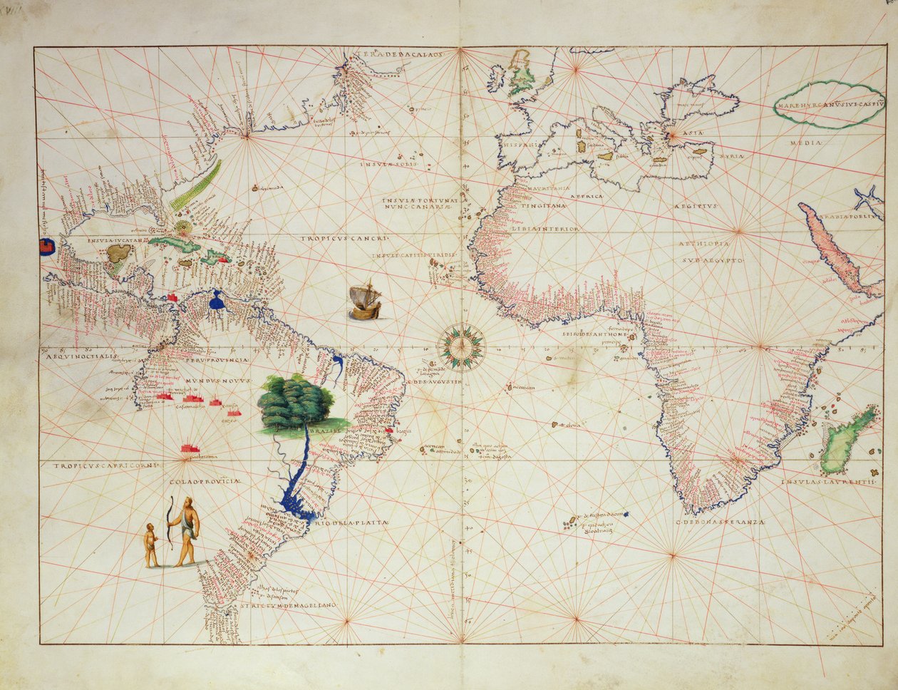 Nowy Świat, z Atlasu Świata w 33 Mapach, Wenecja, 1 września 1553 (tusz na welinie) (patrz także 330961) autorstwa Battista Agnese