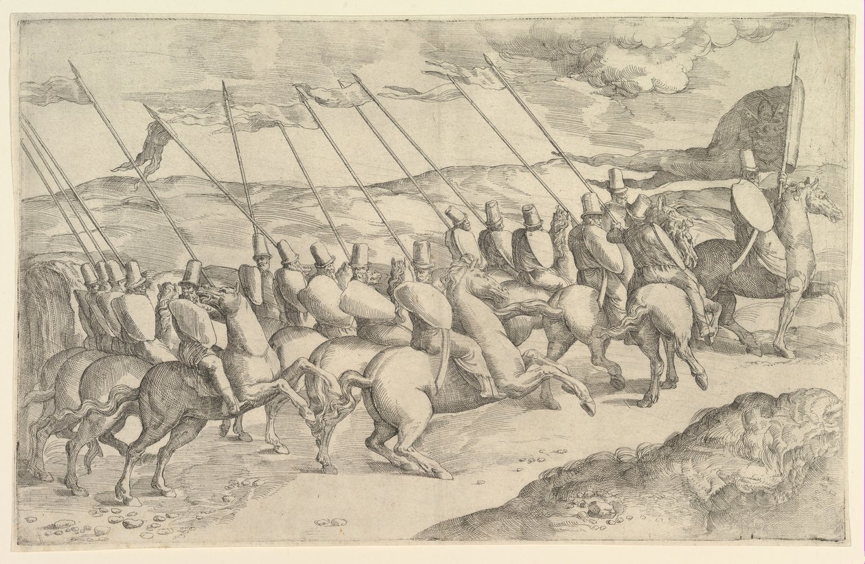 Kompania jeźdźców. autorstwa Battista Franco Veneziano