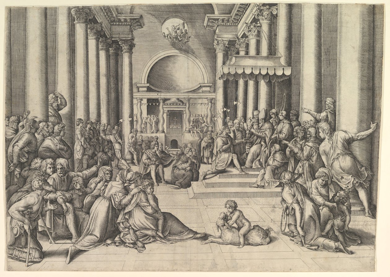 Konstantyn przedstawia Stolicy Apostolskiej Miasto Rzym, po prawej wielu widzów..., ok. godz. 1530-61. autorstwa Battista Franco Veneziano