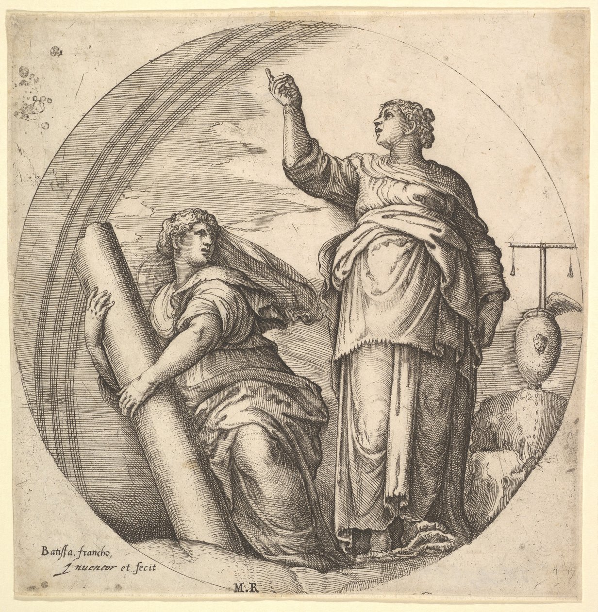 Fortitude and Justice, alegoryczna kompozycja w okrągłym formacie, z Fortitude g..., ca. 1530-61. autorstwa Battista Franco Veneziano