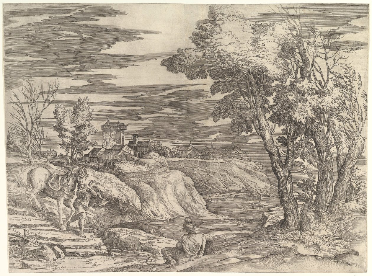 Pejzaż z jeźdźcem i jego oblubieńcem, ca. 1552-61. autorstwa Battista Franco Veneziano
