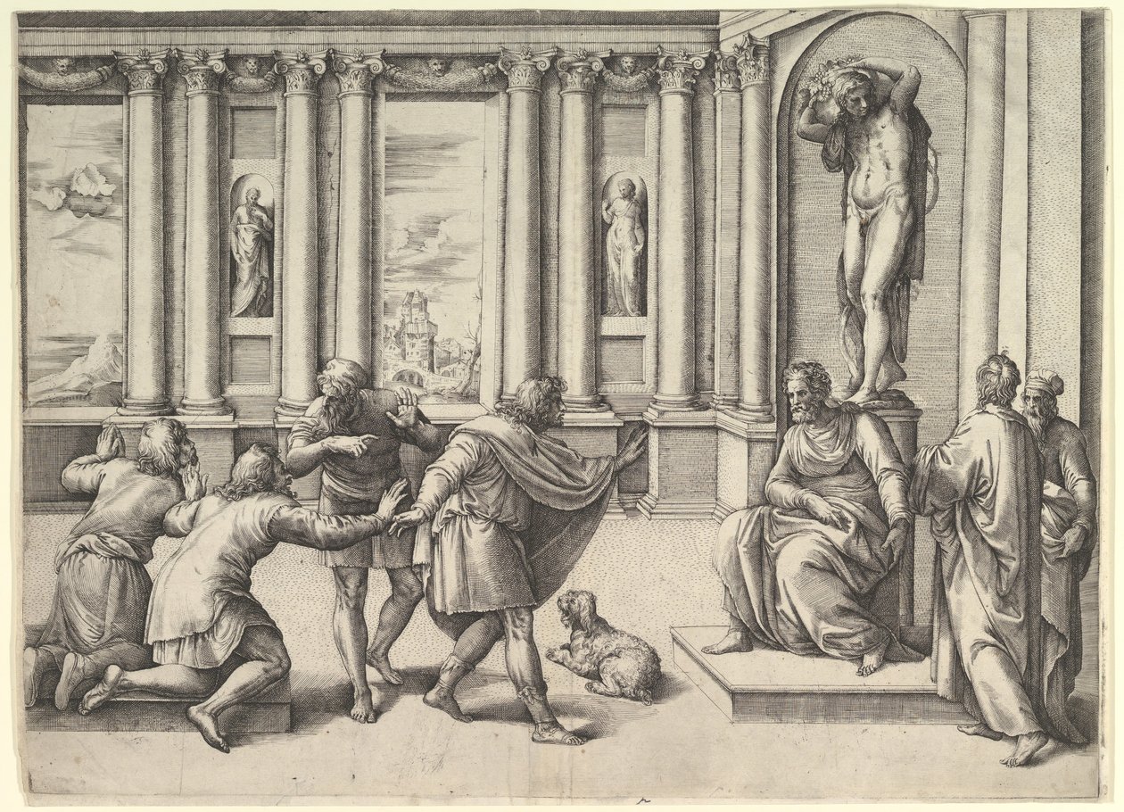Mężczyzna siedzący pod posągiem Bachusa, przyjmujący audiencję, ok. godz. 1530-61. autorstwa Battista Franco Veneziano