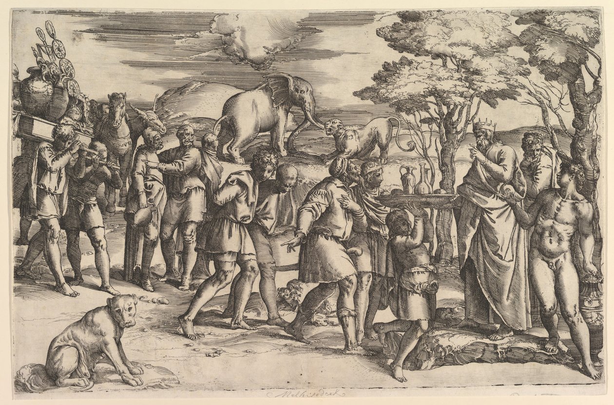 Melchizedek ofiarowujący Abrahamowi chleb i wino, ok. godz. 1547. autorstwa Battista Franco Veneziano