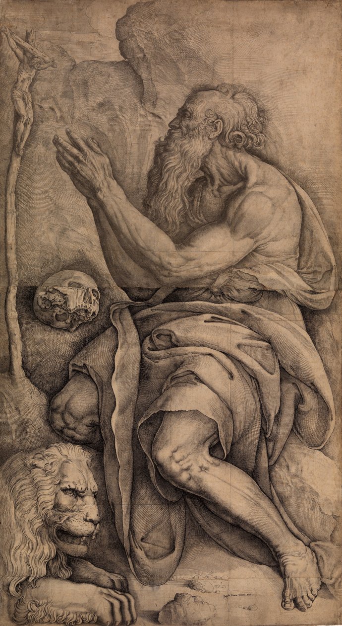 Św. Hieronim klęczący przed krucyfiksem z czaszką i lwem, ca. 1550-60. autorstwa Battista Franco Veneziano