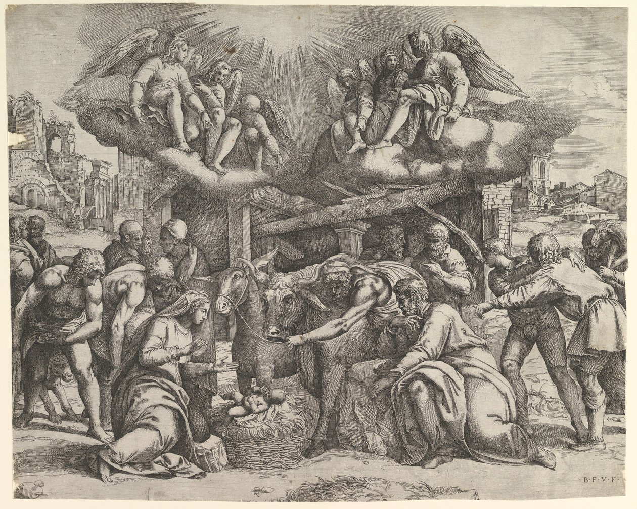 Adoracja pasterzy z aniołami nad głową, ok. godz. 1530-61. autorstwa Battista Franco Veneziano