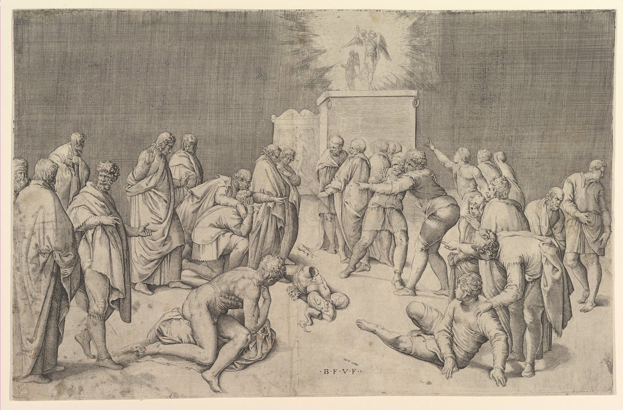 Filistyni umieszczają Arkę Przymierza w Świątyni Dagona, ok. godz. 1540. autorstwa Battista Franco Veneziano