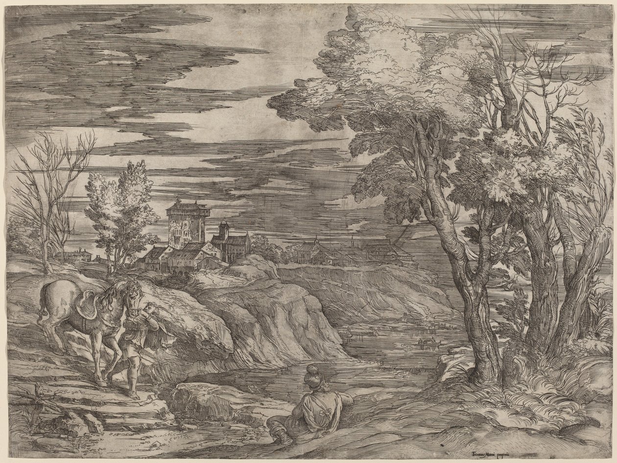 Krajobraz z mężczyzną prowadzącym konia autorstwa Battista Franco after Titian