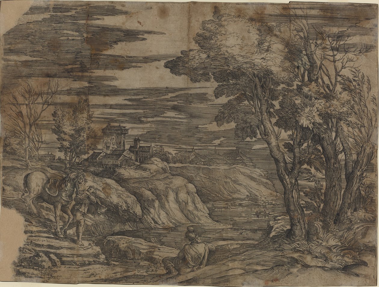 Krajobraz z mężczyzną prowadzącym konia autorstwa Battista Franco, after Titian