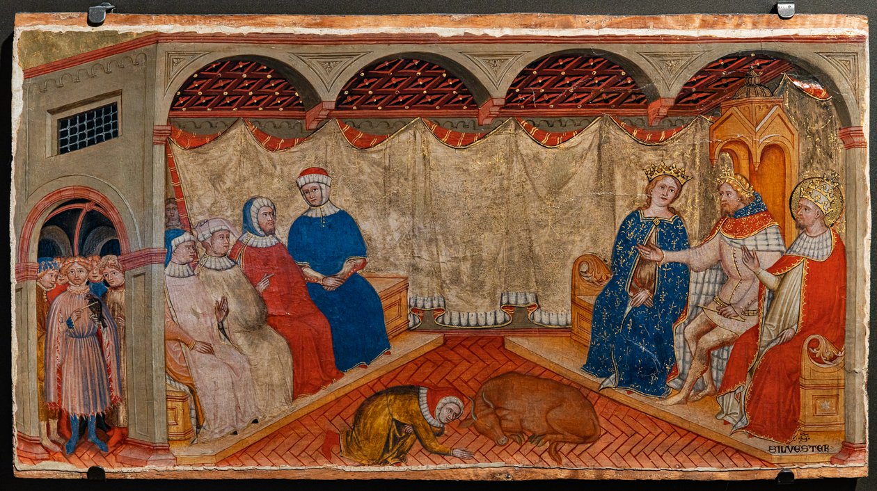 Spór św. Sylwestra z rabinami rzymskimi w obecności Konstantyna i Heleny (tempera na desce) autorstwa Battista da Vicenza