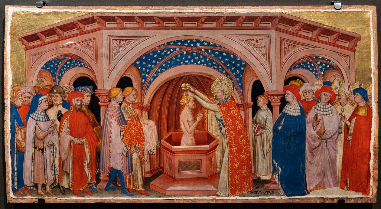 Papież św. Sylwester chrzczący Konstantyna na Lateranie (tempera na desce) autorstwa Battista da Vicenza