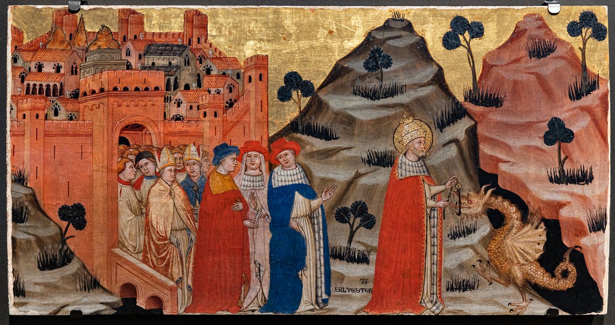 Papież św. Sylwester pokonuje smoka ze skały tarpejskiej (tempera na desce) autorstwa Battista da Vicenza