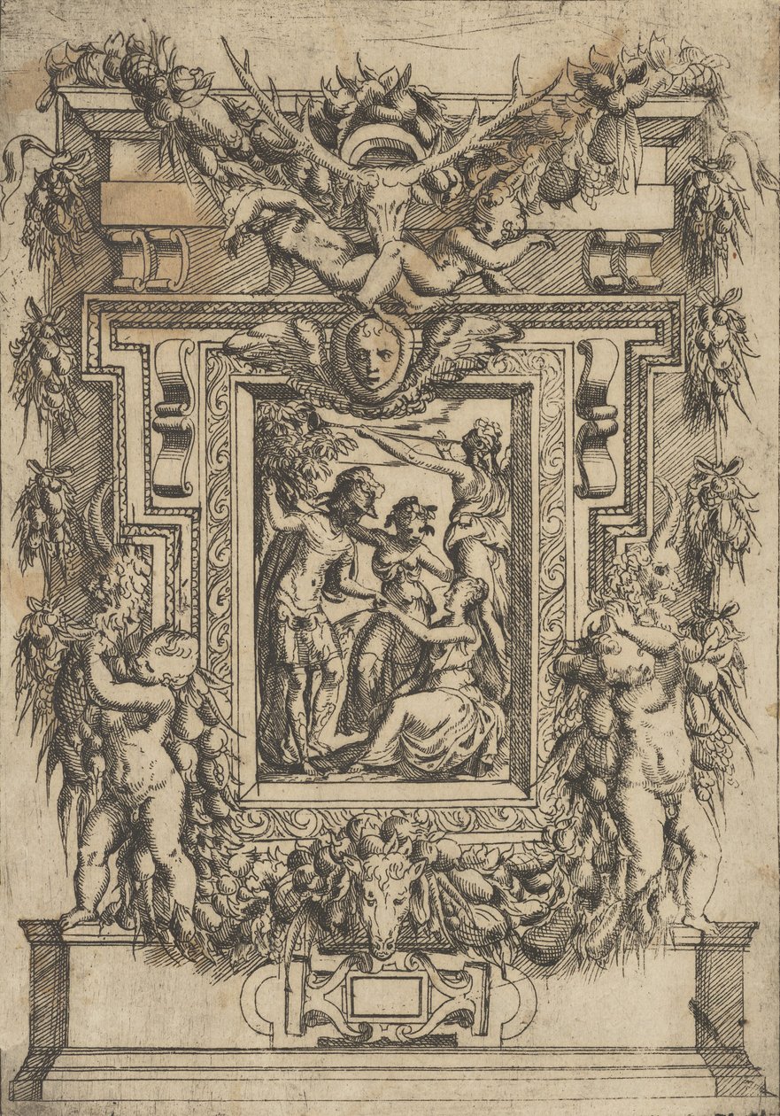 Młody mężczyzna podaje rękę siedzącej kobiecie, inna kobieta stoi między nimi i…, ok. godz. 1540-80. autorstwa Battista del Moro