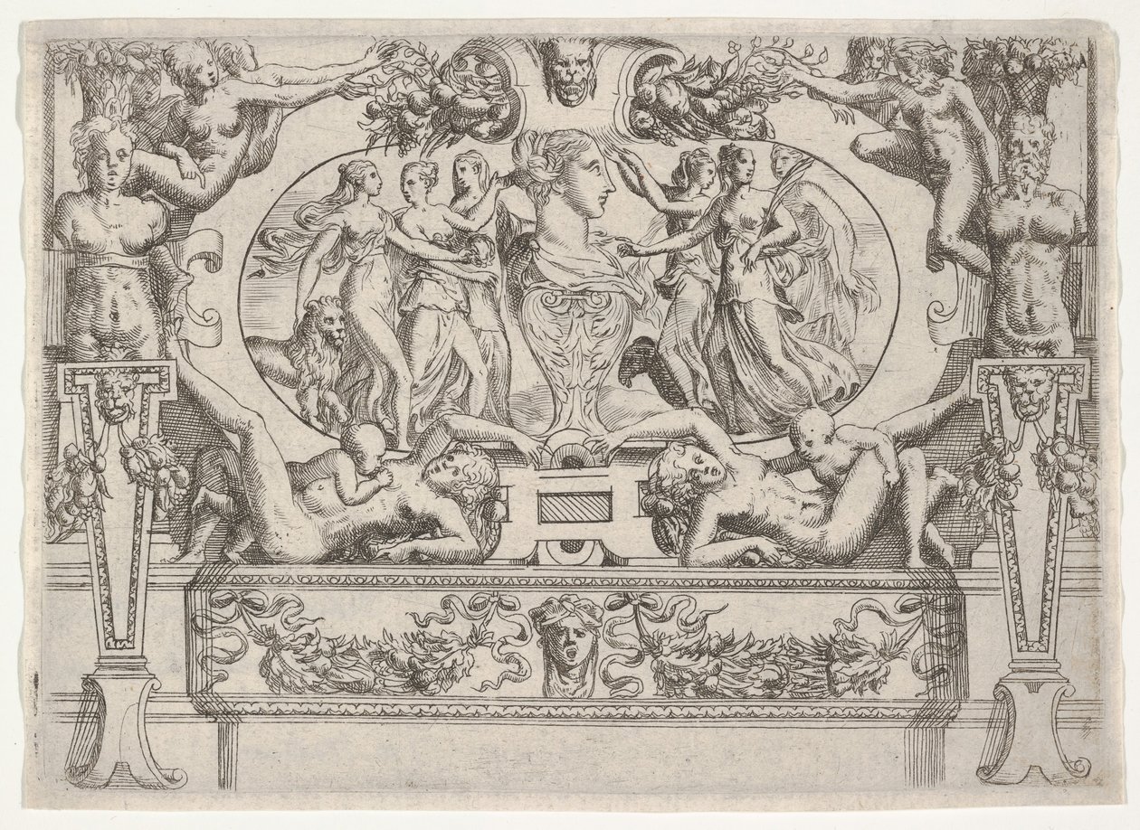 Popiersie kobiety otoczonej przez trzy kobiety z każdej strony, osadzone w kunsztownej ramie, ca. 1540-80. autorstwa Battista del Moro