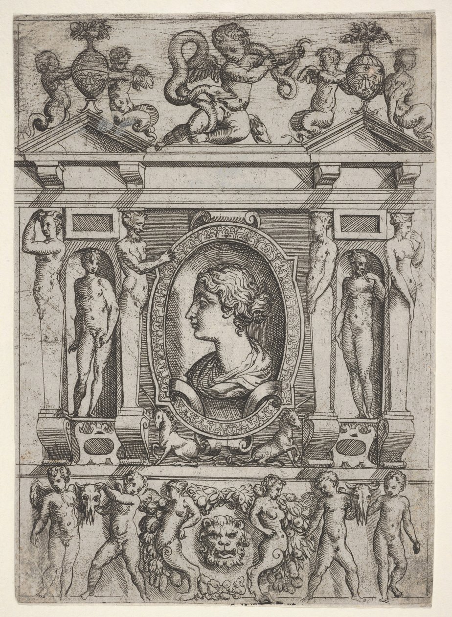 Popiersie kobiety z profilu zwróconego w lewo, ujęte w misterną ramę z postaciami w n..., ca. 1540-80. autorstwa Battista del Moro