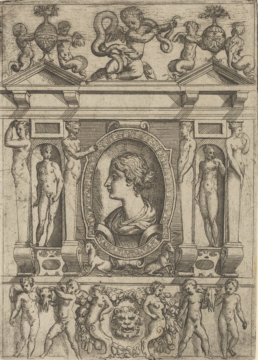 Popiersie kobiety z profilu zwróconego w lewo, ujęte w misterną ramę z postaciami w n..., ca. 1540-80. autorstwa Battista del Moro