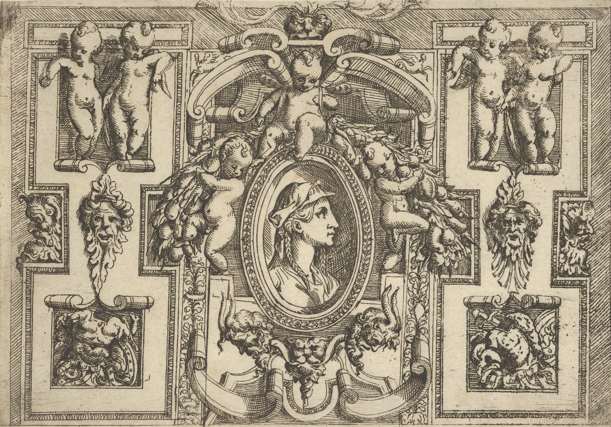 Popiersie kobiety z profilu w prawo, oprawione w misterną ramę z puttami, ..., ca. 1540-80. autorstwa Battista del Moro