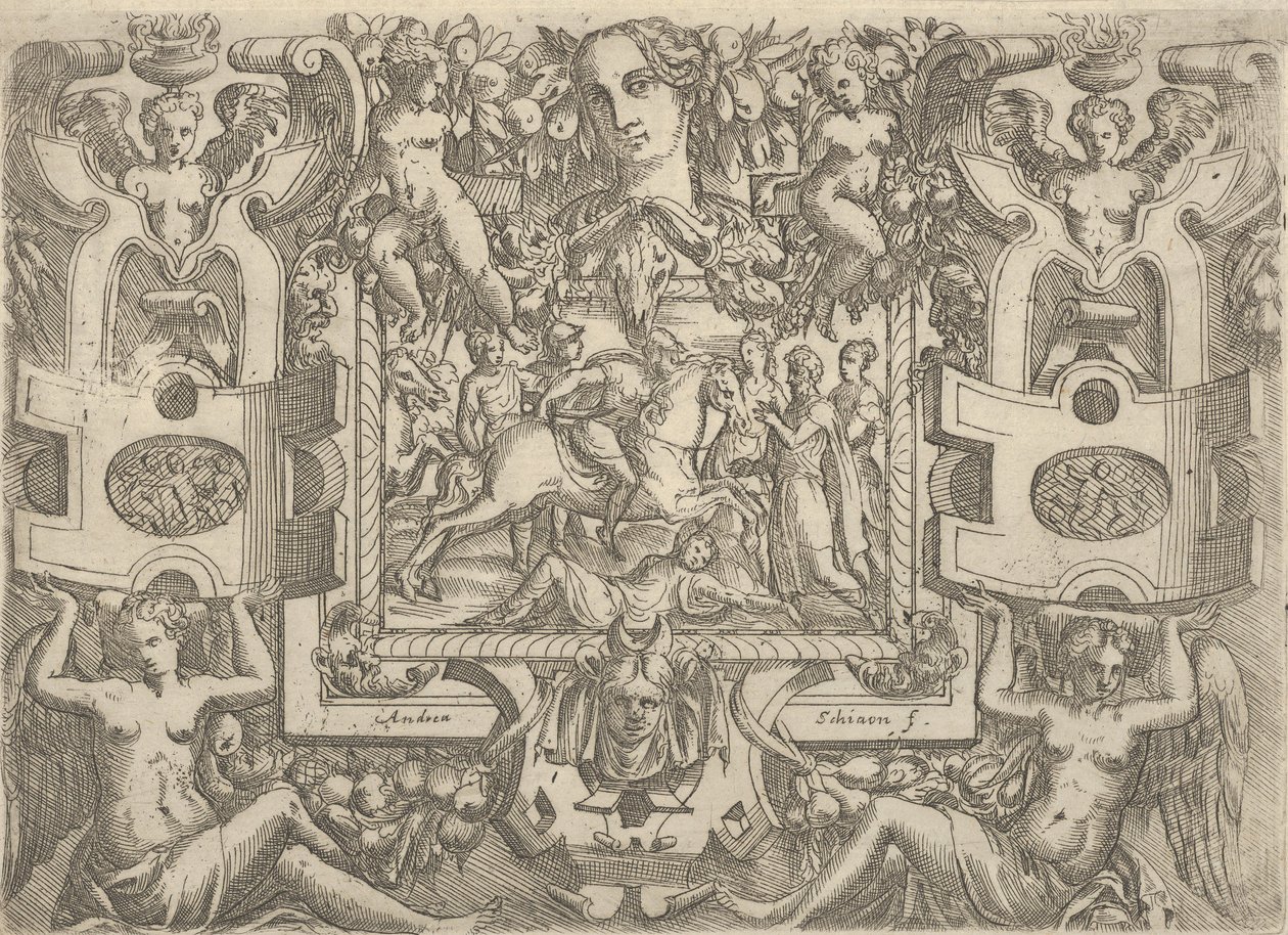 Postać na koniu trzymająca miecz i jadąca nad leżącą na ziemi postacią, s..., ca. 1540-80. autorstwa Battista del Moro