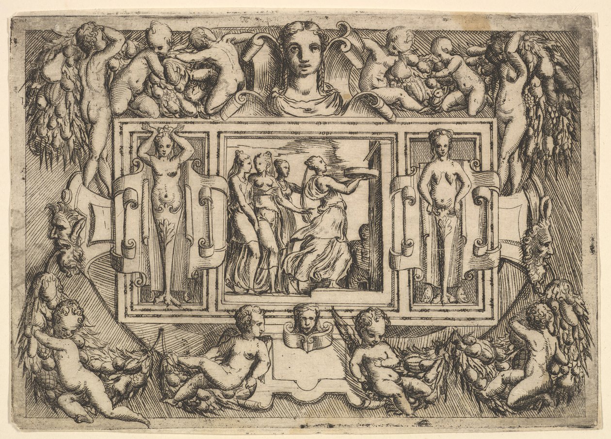 Sybilla Kumejska idąca w prawo i niosąca tacę, za nią trzy kobiety..., ca. 1540-80. autorstwa Battista del Moro