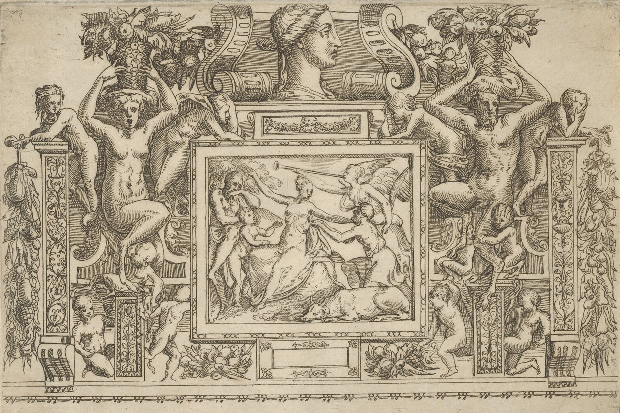 Kobieta siedząca z wyciągniętymi ramionami, personifikacja Sławy z trąbką po prawej stronie,..., ca. 1540-80. autorstwa Battista del Moro