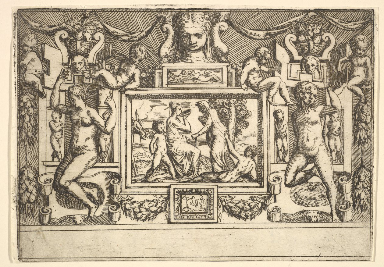 Młoda kobieta pijąca z miski, przed nią stoi stara kobieta, osadzona w..., ca. 1540-80. autorstwa Battista del Moro