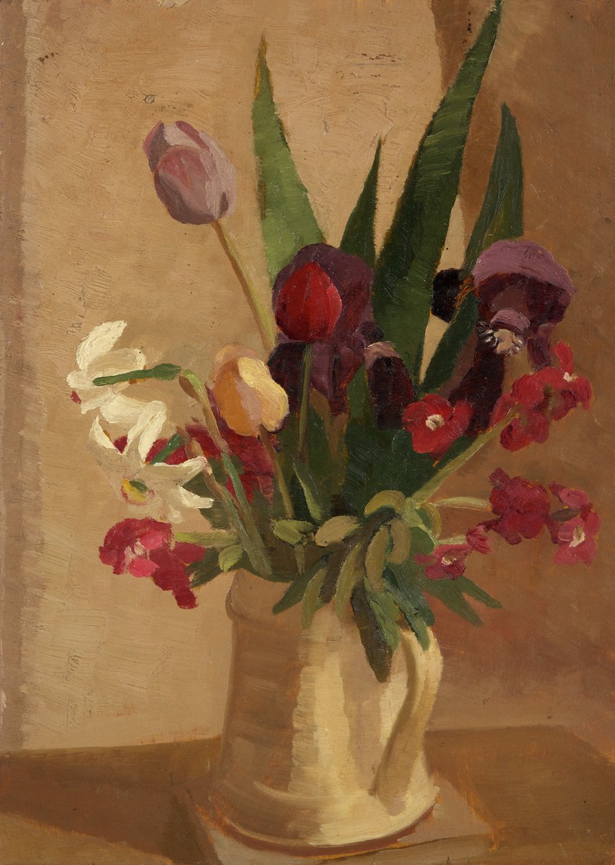 Tulipany, Wallflowers i Narcyz (olej na pokładzie) autorstwa Beatrice H. Budgett