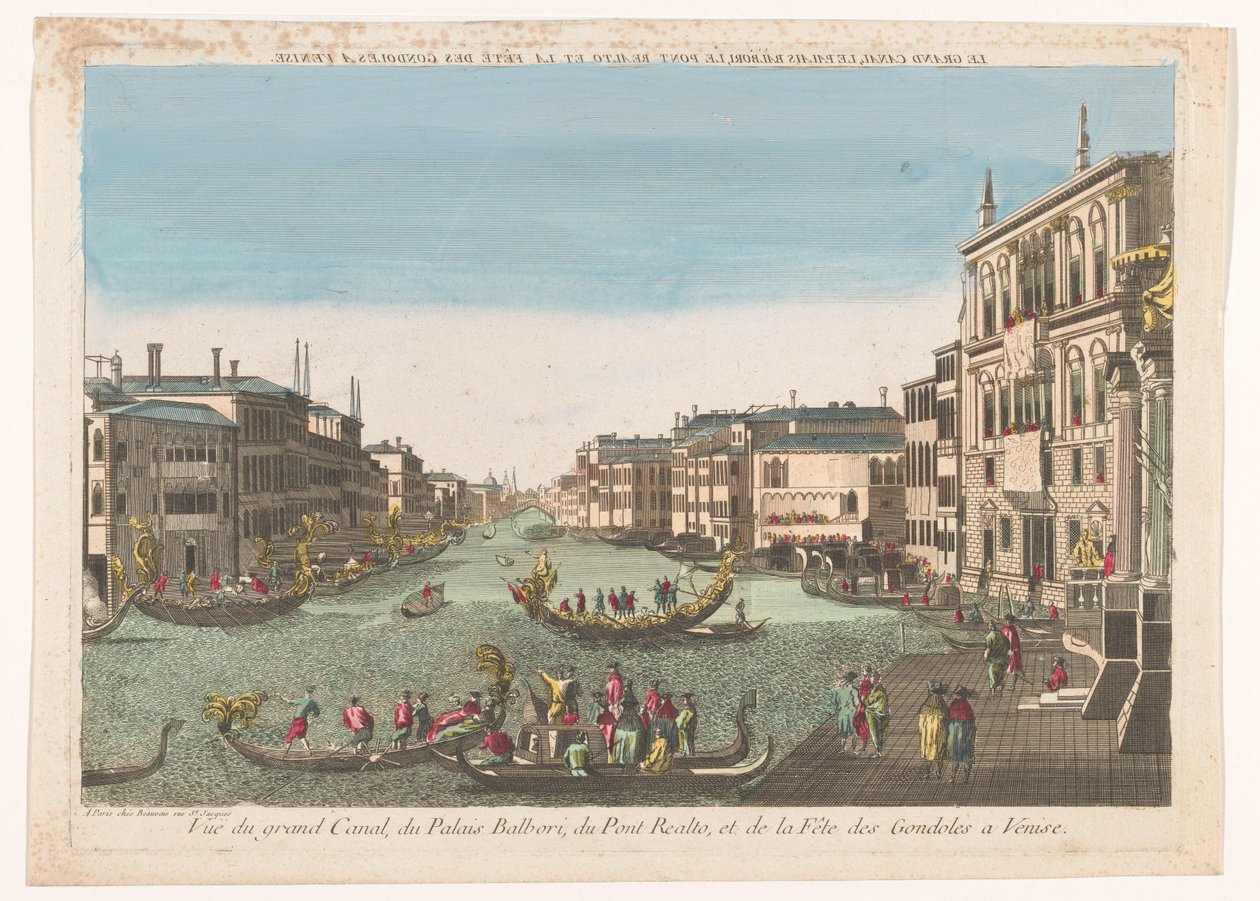 Gezicht op de Canal Grande met gondels, het Palazzo Balbori en de Ponte Rialto te Venetië Canal Grande, Pałac Balbori, Most Realto i festiwal gondoli w Wenecji (tytuł na obiekcie) autorstwa Beauvais