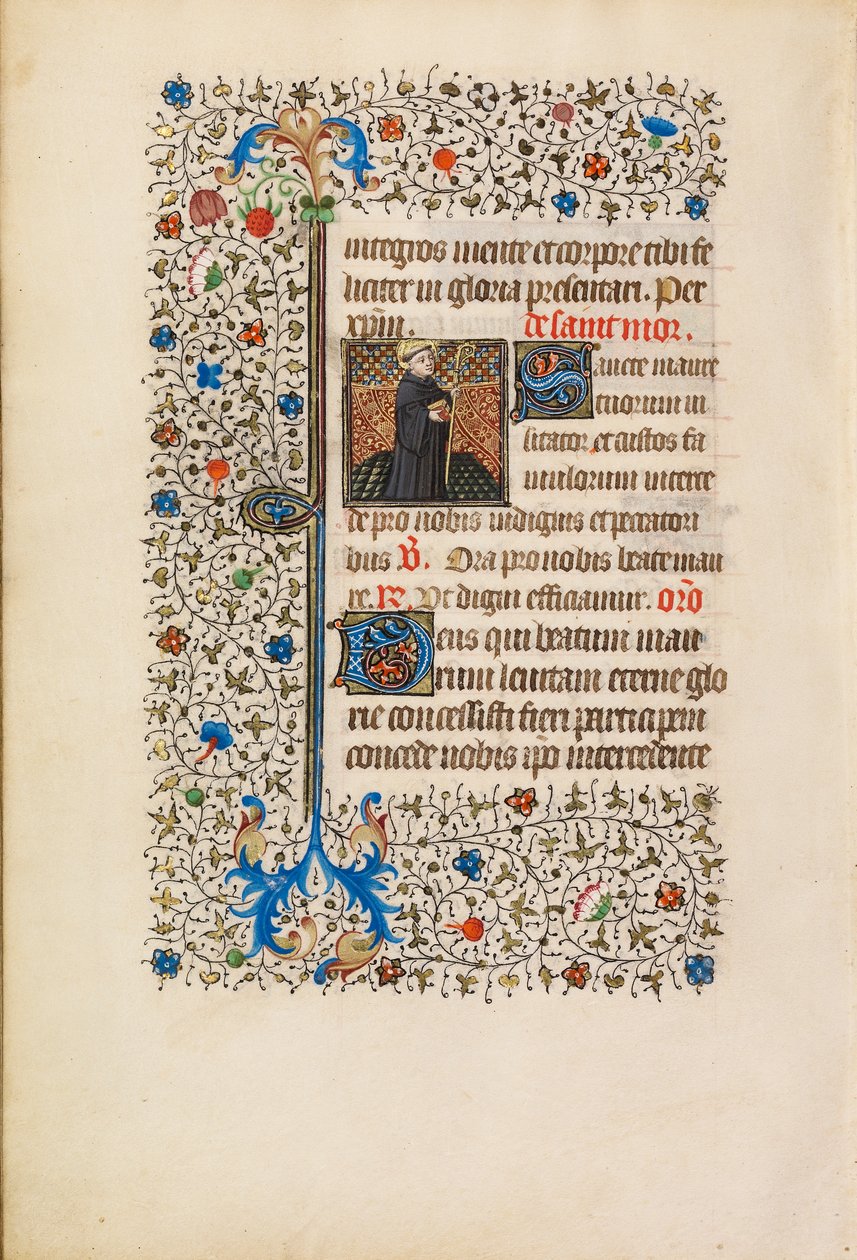 Opat Maurus z laską i księgą, ok.1440-50 (tempera, płatek złota, farba i atrament na pergaminie) autorstwa Bedford Master Workshop