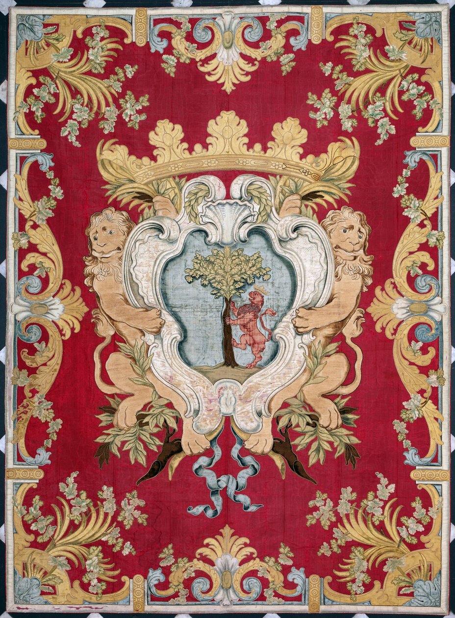 Blazon szlachecki z lwem i drzewem. Gobelin z manufaktury w Brukseli. XVI wiek Genes, Musei di Strada Nuova autorstwa Belgian School