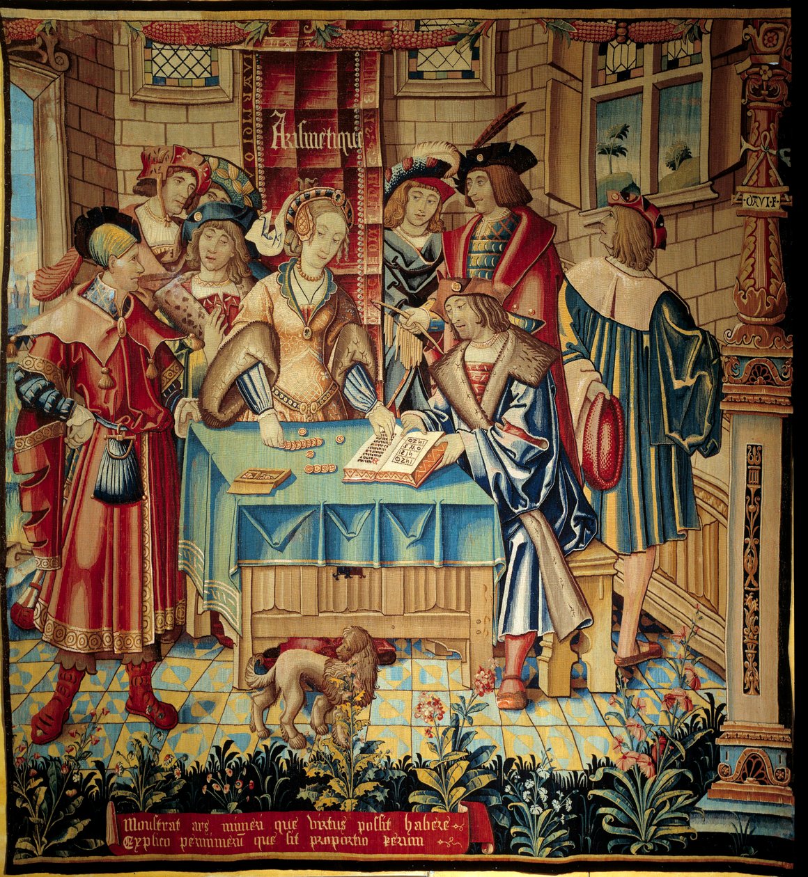 Kurtyna ilustrująca sztuki wyzwolone: Arytmetykę. Wełniany i jedwabny gobelin wykonany około 1520 roku w Tournai. Słońce 3,1x2,9 m Paryż, Narodowe Muzeum Średniowiecza, Thermes de Cluny autorstwa Belgian School