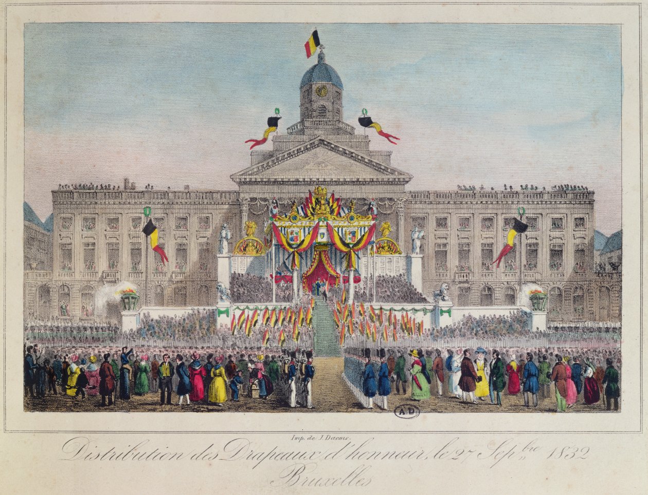 Rozdanie flag honorowych w Brukseli 27 września 1832, 1832 (kolor grawerowany) autorstwa Belgian School