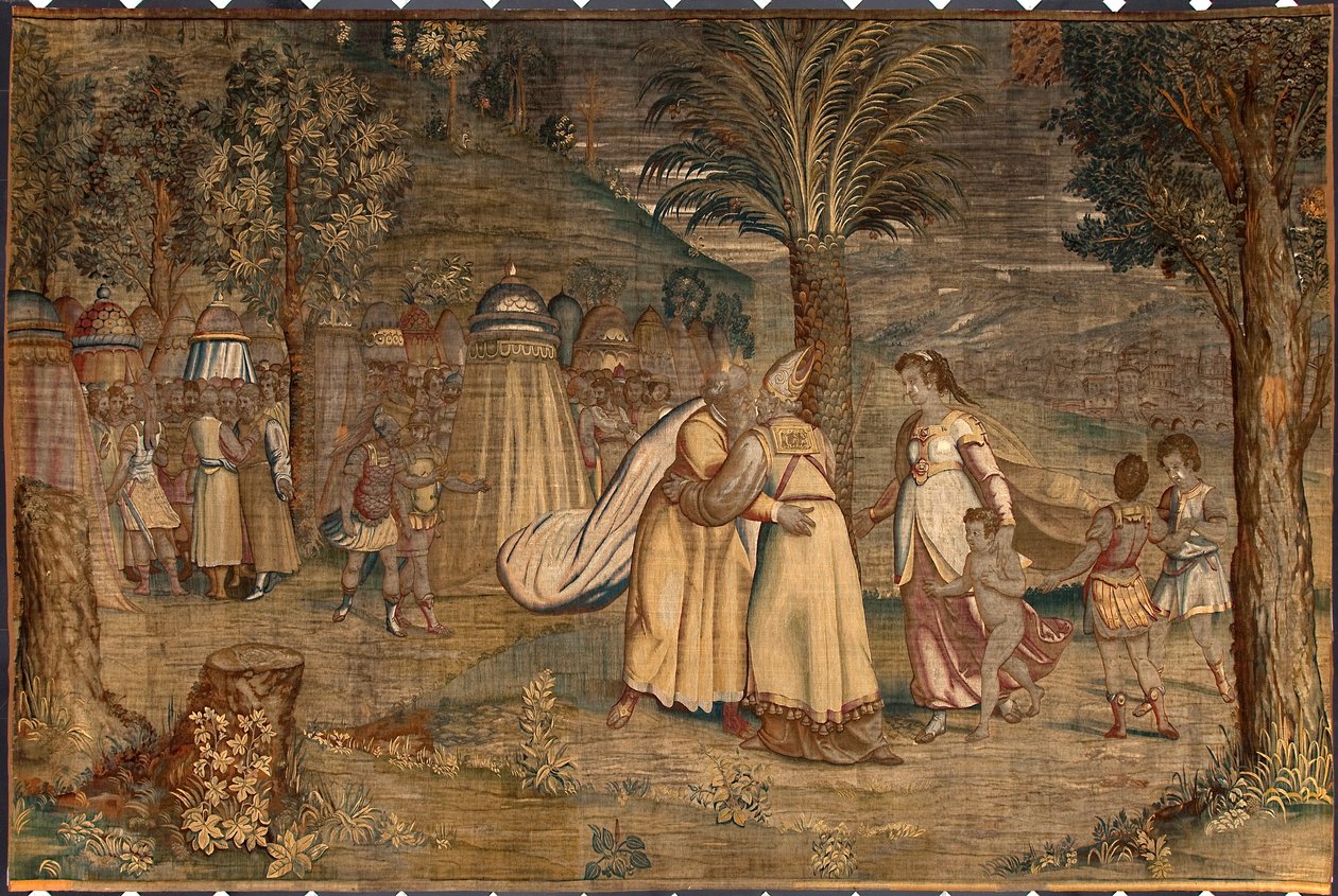 Jethro towarzyszył swojej córce Seforze i jej dzieciom w spotkaniu z Moise Tapestry autorstwa Dionys Martensz według tektury Luki Cambiaso (1527-1584) wyprodukowanej przez manufaktury w Brukseli. autorstwa Belgian School