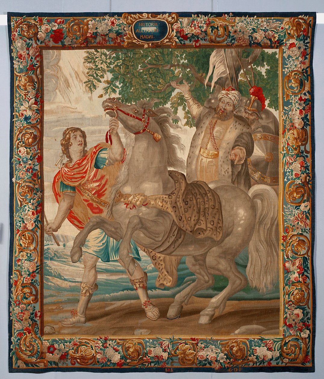 Król Aleksander Wielki ujarzmia konia Bucefała. Gobelin wykonany w manufakturze w Brukseli. XVI wiek Genes, Musei di Strada Nuova autorstwa Belgian School