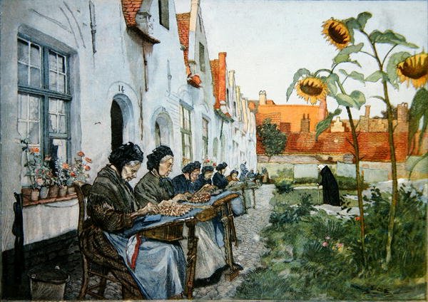 Koronkarnie w ogrodzie domu starców w Brugii autorstwa Belgian School