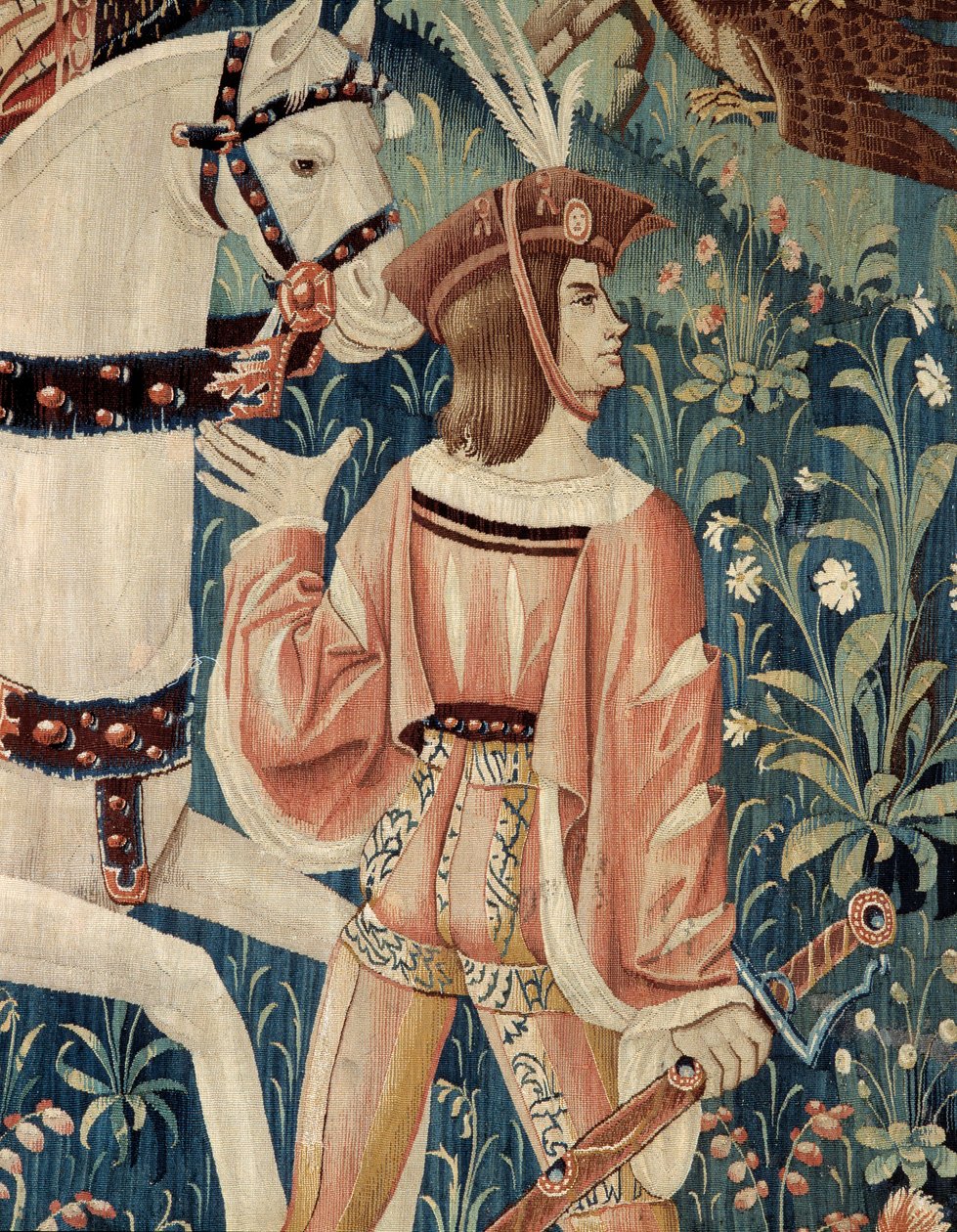 Średniowiecze: początek polowania na sokoła na koniu. Fragment gobelinu z jedwabiu i wełny z początku XVI wieku. Od Hainaut. Paryż, Narodowe Muzeum Średniowiecza, Thermes de Cluny autorstwa Belgian School