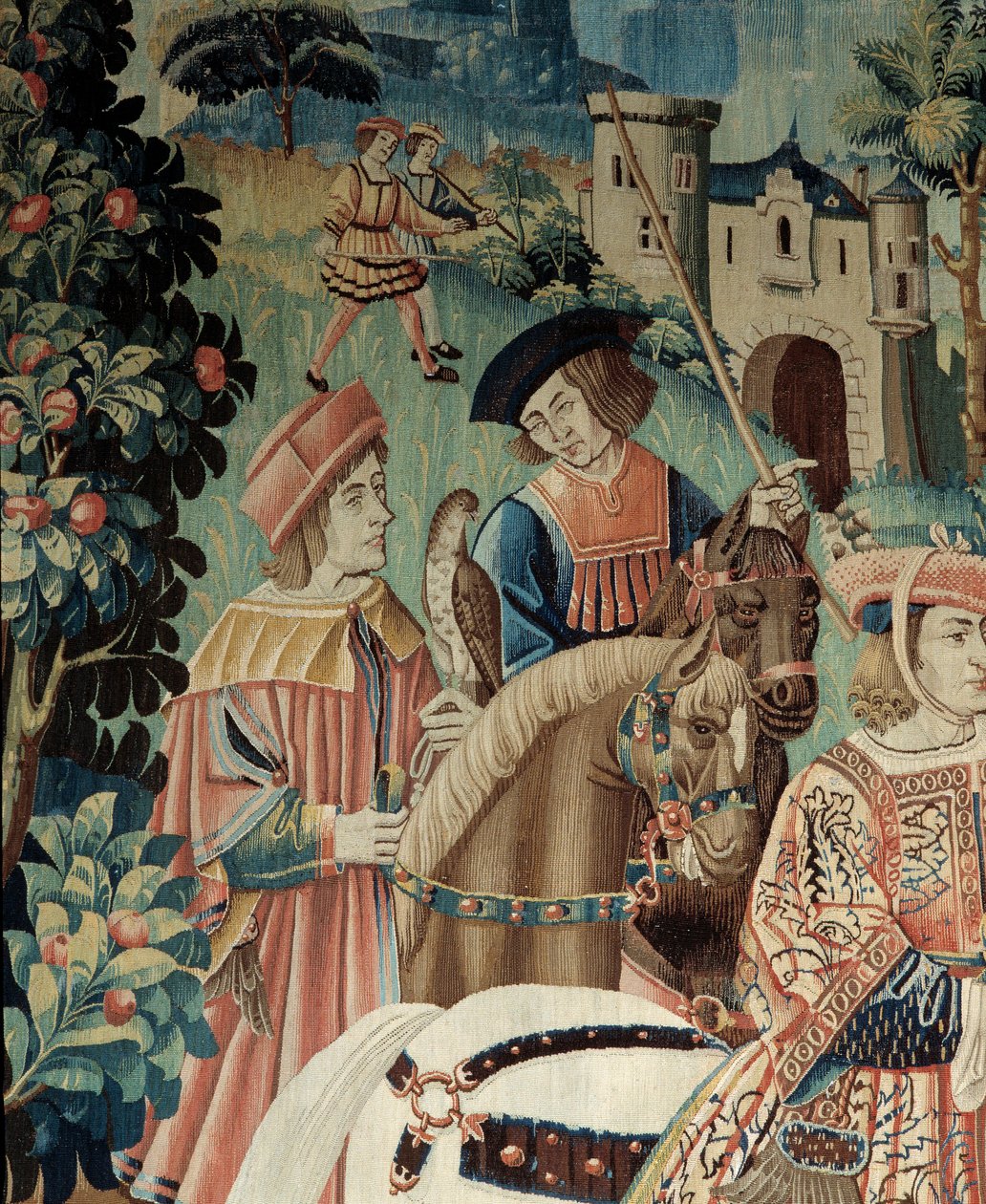 Średniowiecze: początek polowania z sokołem na koniu. Detal jedwabno-wełnianego gobelinu z początku XVI wieku. Z Hainaut. Paryż, Narodowe Muzeum Średniowiecza, Thermes de Cluny autorstwa Belgian School