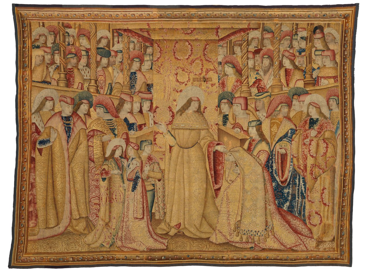 Gobelin, Jonathan Machabeusz otrzymujący fioletową szatę, wykonany w Brukseli, Belgia, około 1490-1500 (wełna i jedwab) autorstwa Belgian School