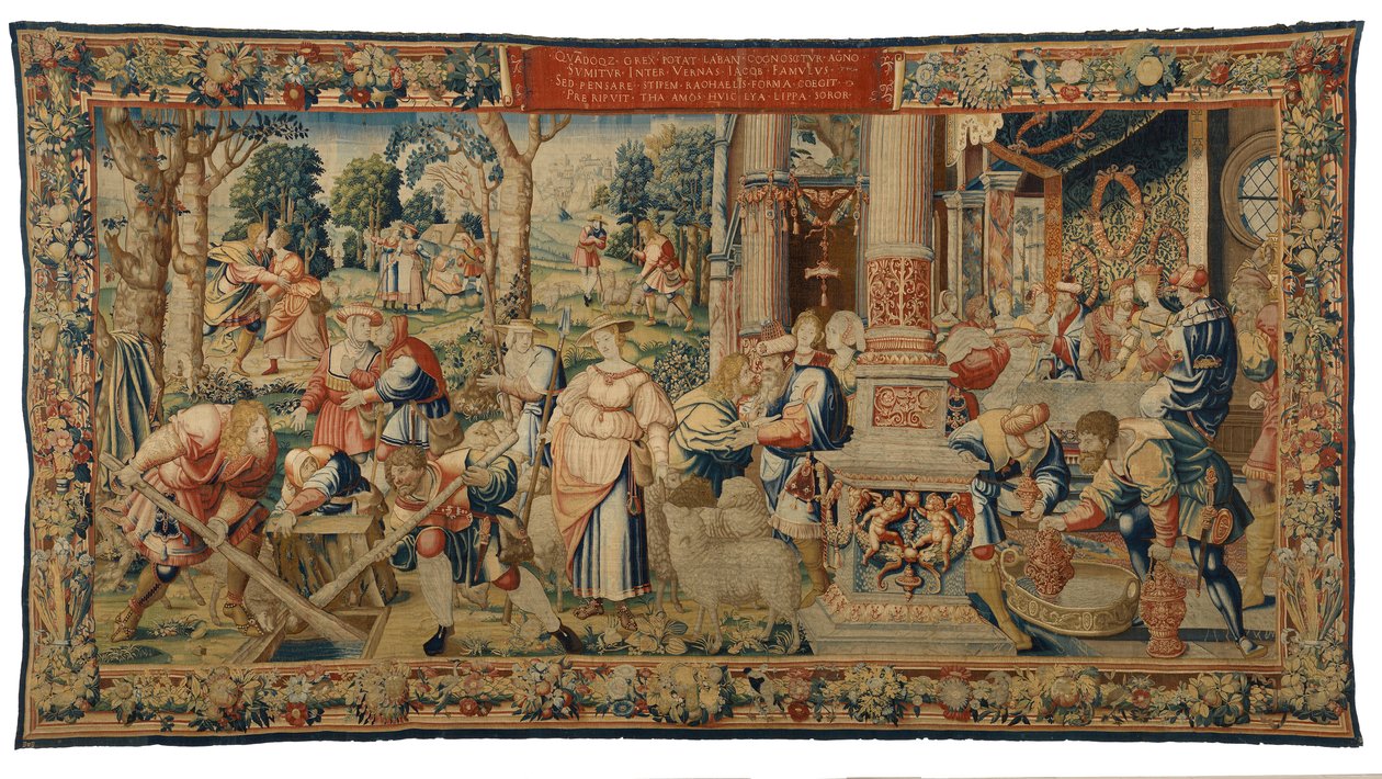 Gobelin, Historia Labana, Jakuba i Racheli, Księga Rodzaju XXIX, wykonany w Brukseli, Belgia, ok. 1530 r. (wełna i jedwab) autorstwa Belgian School
