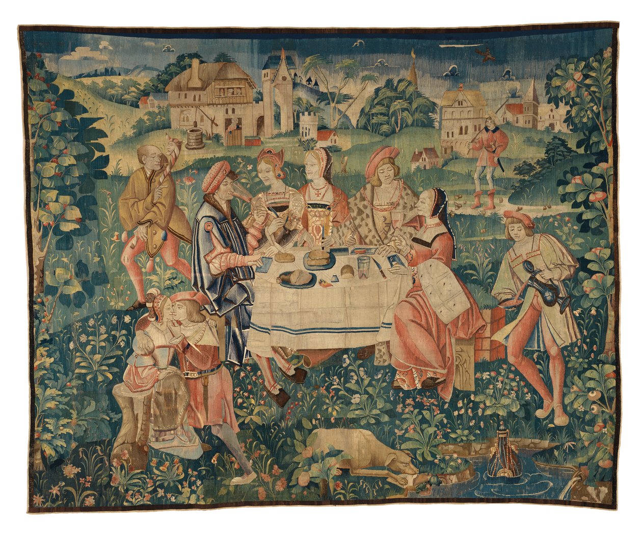 Gobelin przedstawiający bankiet na świeżym powietrzu lub posiłek na świeżym powietrzu w ogrodzie miłości, z Tournai, ok. 1510 r. (wełna i jedwab) autorstwa Belgian School