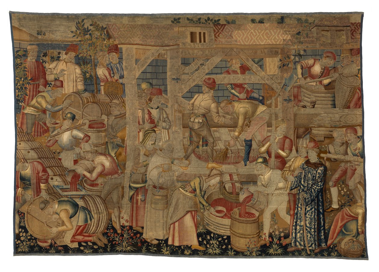 Gobelin przedstawiający tłocznię wina, z Tournai, ok. 1460-70 (wełna) autorstwa Belgian School