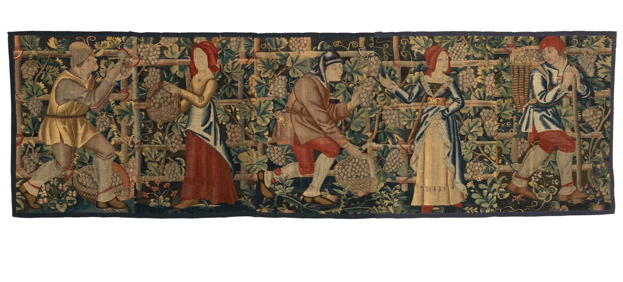 Fragment gobelinu przedstawiający Vintagersów, prawdopodobnie z Tournai, ok. 1460-70 (wełna) autorstwa Belgian School